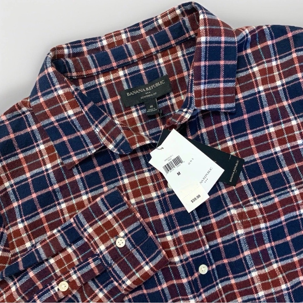 New Banana Republic Boyfriend Fit Shirt Womens Medium Flannel Red Blue Plaid NWT